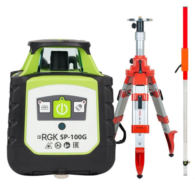 Комплект: ротационный нивелир RGK SP-100G + штатив RGK SH-170, рейка RGK LR-2 Комплект: ротационный нивелир RGK SP-100G + штатив RGK SH-170, рейка RGK LR-2