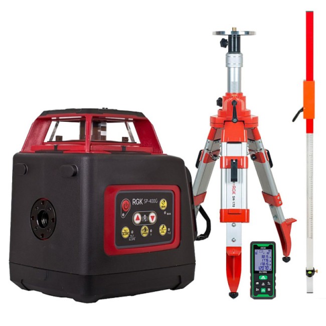Комплект: ротационный нивелир RGK SP-400G + элевационный штатив RGK SH-170 + рейка RGK LR-2 + дальномер RGK DL100G Комплект: ротационный нивелир RGK SP-400G + элевационный штатив RGK SH-170 + рейка RGK LR-2 + дальномер RGK DL100G