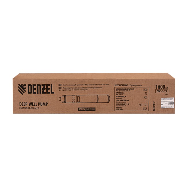 Скважинный насос DWS-3-75, винтовой, диаметр 3", 500 Вт, 1600 л/ч, напор 75 м Denzel Скважинный насос DWS-3-75, винтовой, диаметр 3", 500 Вт, 1600 л/ч, напор 75 м Denzel