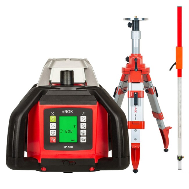 Комплект: ротационный нивелир RGK SP-500 + штатив RGK SH-170, рейка RGK LR-2 Комплект: ротационный нивелир RGK SP-500 + штатив RGK SH-170, рейка RGK LR-2
