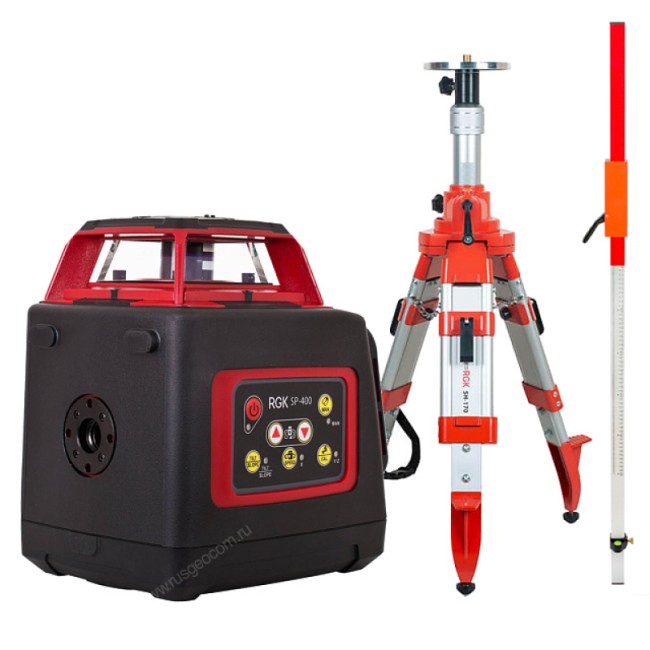 Комплект: ротационный нивелир RGK SP-400 + штатив RGK SH-170, рейка RGK LR-2 Комплект: ротационный нивелир RGK SP-400 + штатив RGK SH-170, рейка RGK LR-2